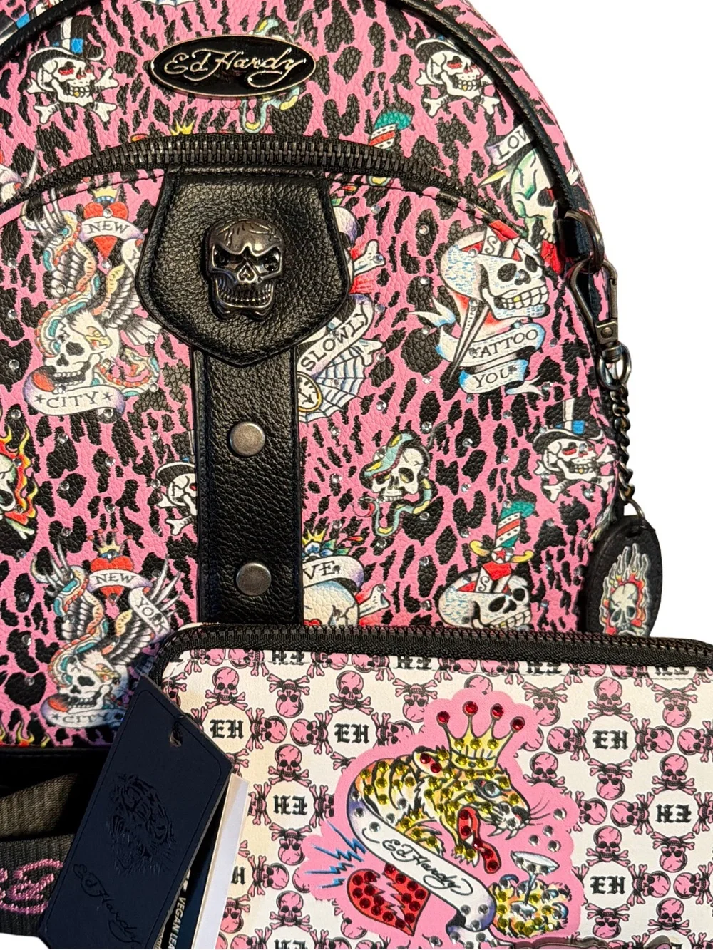 Ed Hardy NWT Pink Leopard Skull Tattoo Mini Backpack & Matching Wallet (P246)